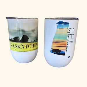 Saskatchewan Wheat Field wine tumbler, featuring an elegant golden wheat design on a durable stainless steel tumbler