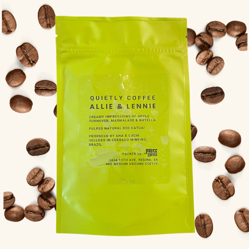 Quietly Coffee – Allie & Lennie, a creamy, dessert-like ground coffee with notes of apple turnover, marmalade, and Nutella.