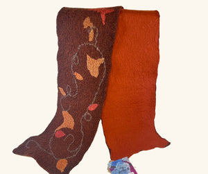 Handcrafted Prairie-inspired scarf by Rhonda, featuring soft, earthy tones and high-quality craftsmanship