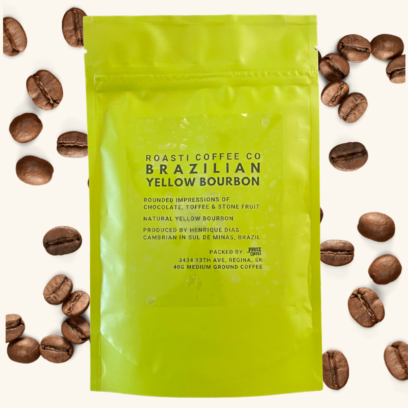 Roast Coffee Co Brazilian Yellow Bourbon, a smooth and full-bodied coffee with flavors of chocolate, toffee, and stone fruit.