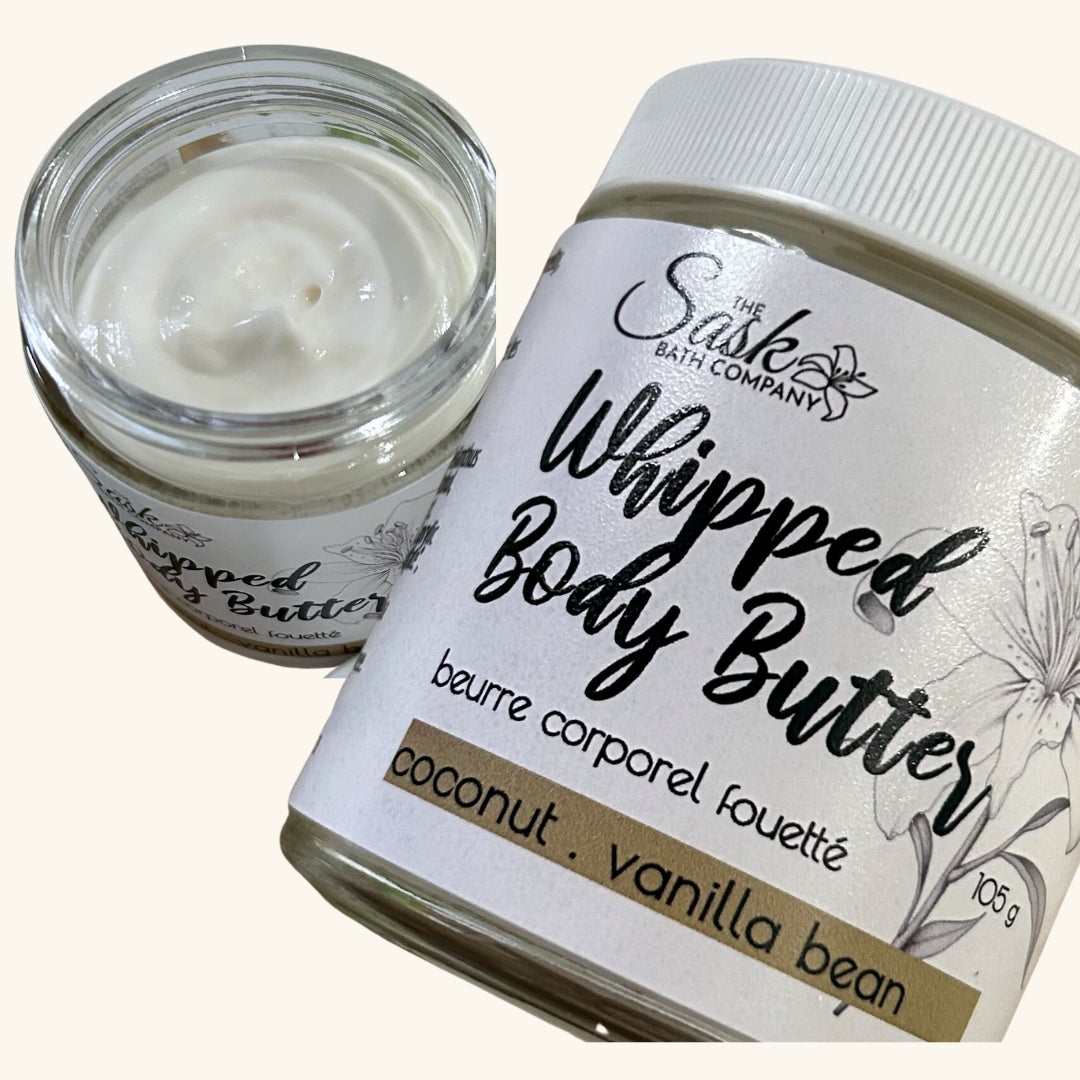 The Sask Bath Co. Body Butter Lotion set featuring Coconut Vanilla and Okanagan Peach Bellini, handcrafted with natural, wild-gathered ingredients