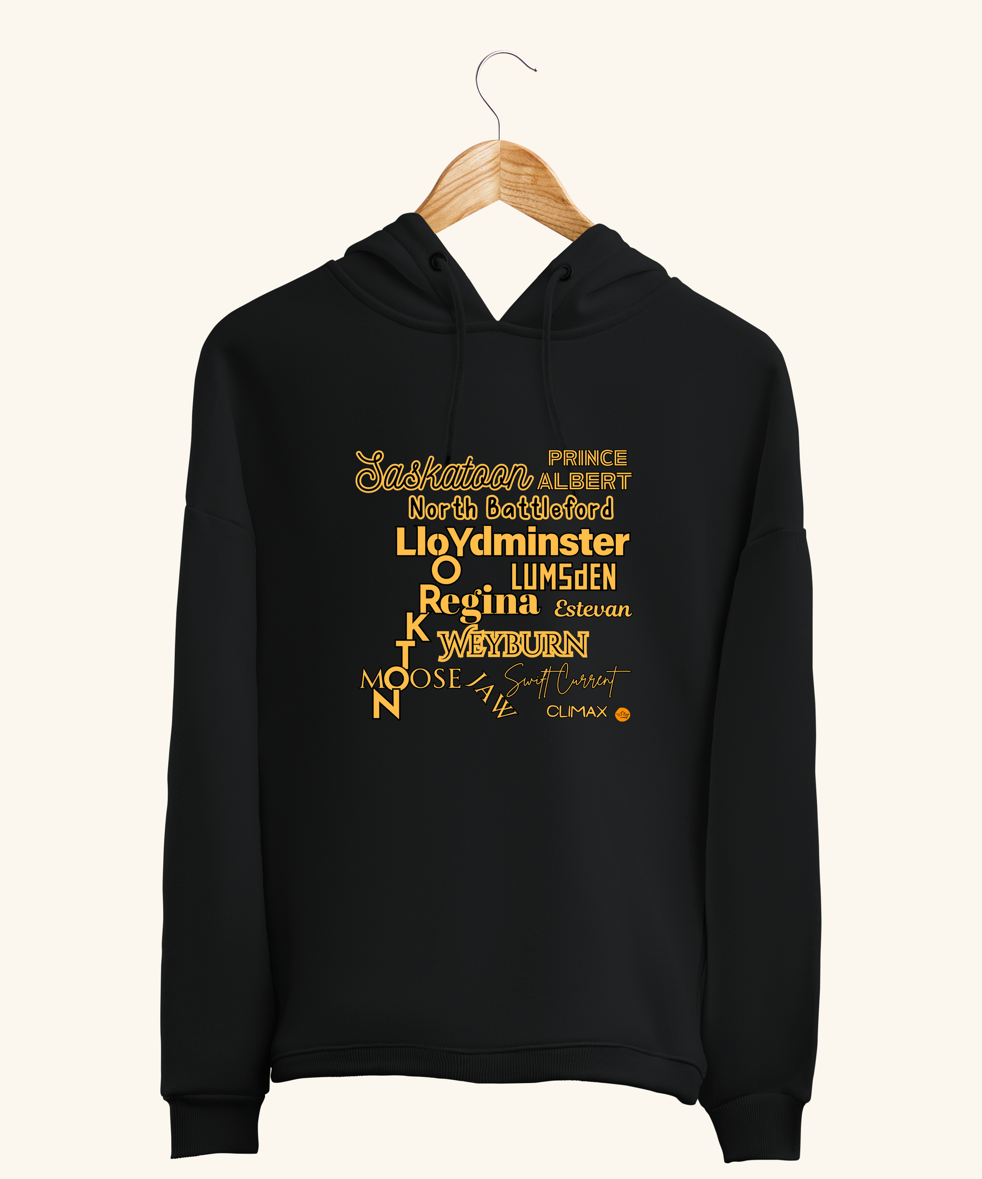 Saskatchewan Locations T-Shirt – A soft black or yellow tee featuring a bold 10" x 10" design of Saskatchewan place names