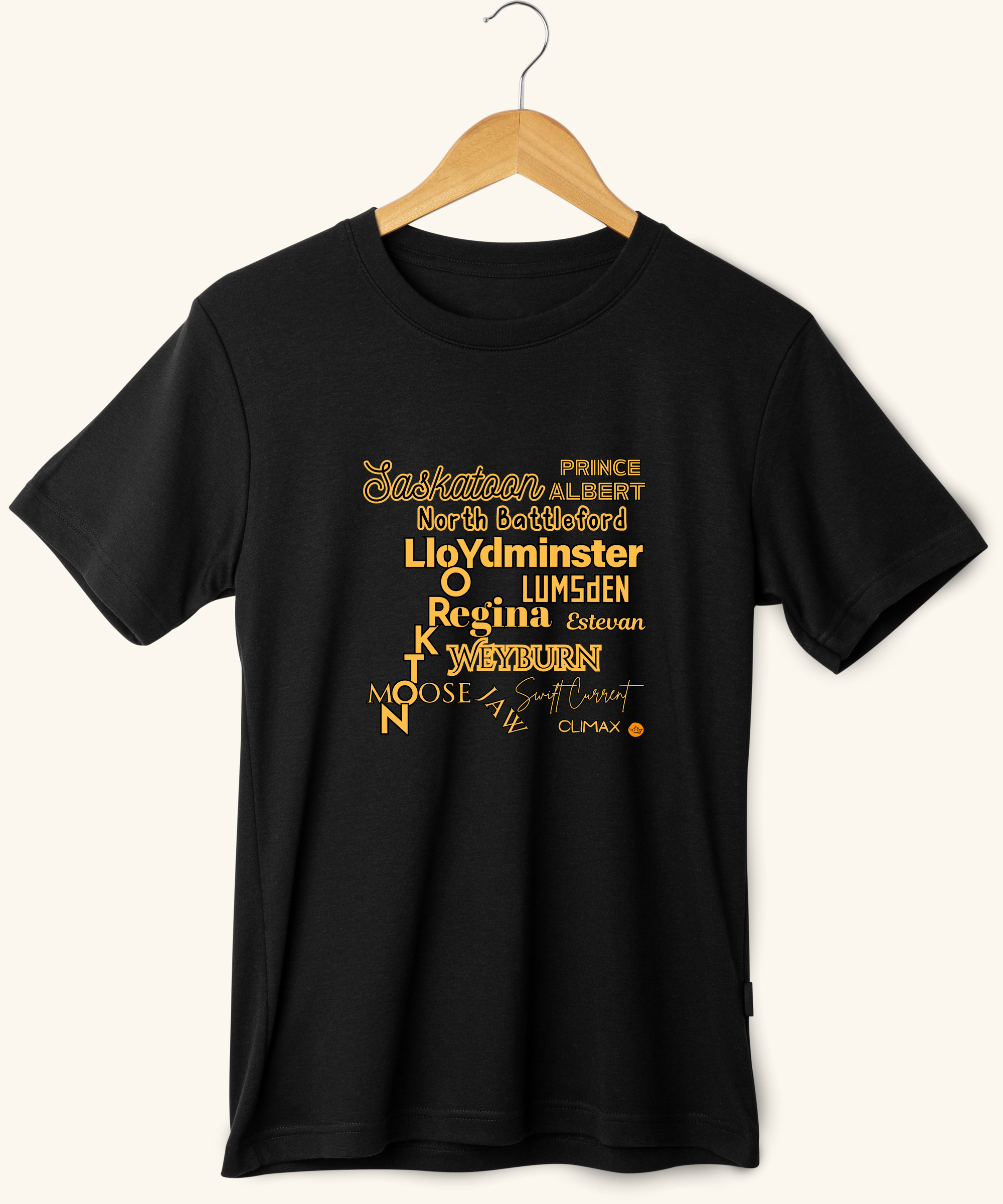 Saskatchewan Locations T-Shirt – A soft black or yellow tee featuring a bold 10" x 10" design of Saskatchewan place names