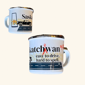 Saskatchewan Prairie Camp Mug with the humorous 'Hard to Spell, Easy to Drive' design, a fun nod to Prairie life.