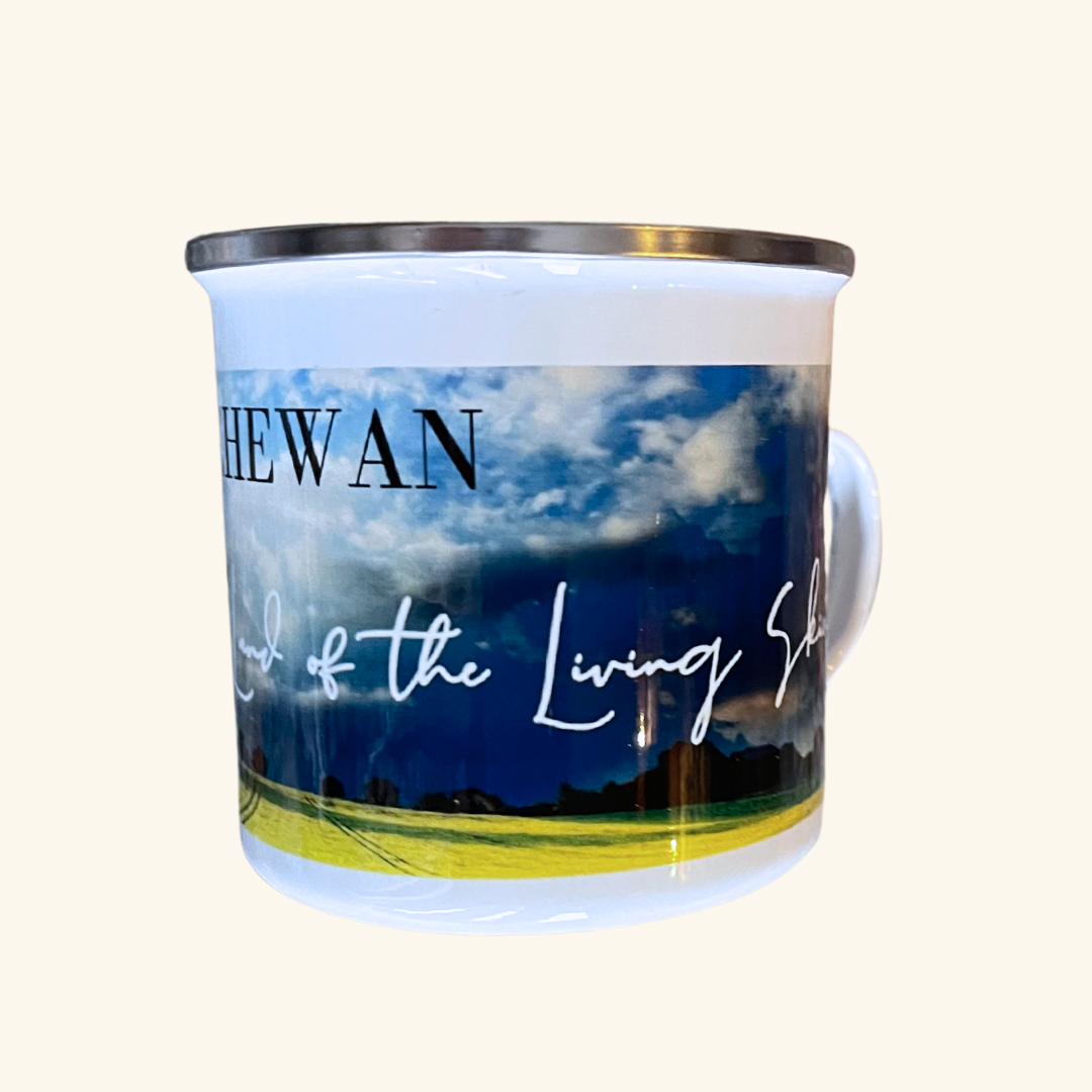 Collection of Saskatchewan Prairie Camp Mugs, featuring designs inspired by the Prairie landscape, including Land of the Living Skies, Hard to Spell Easy to Drive, and Saskatchewan Wheat Field.