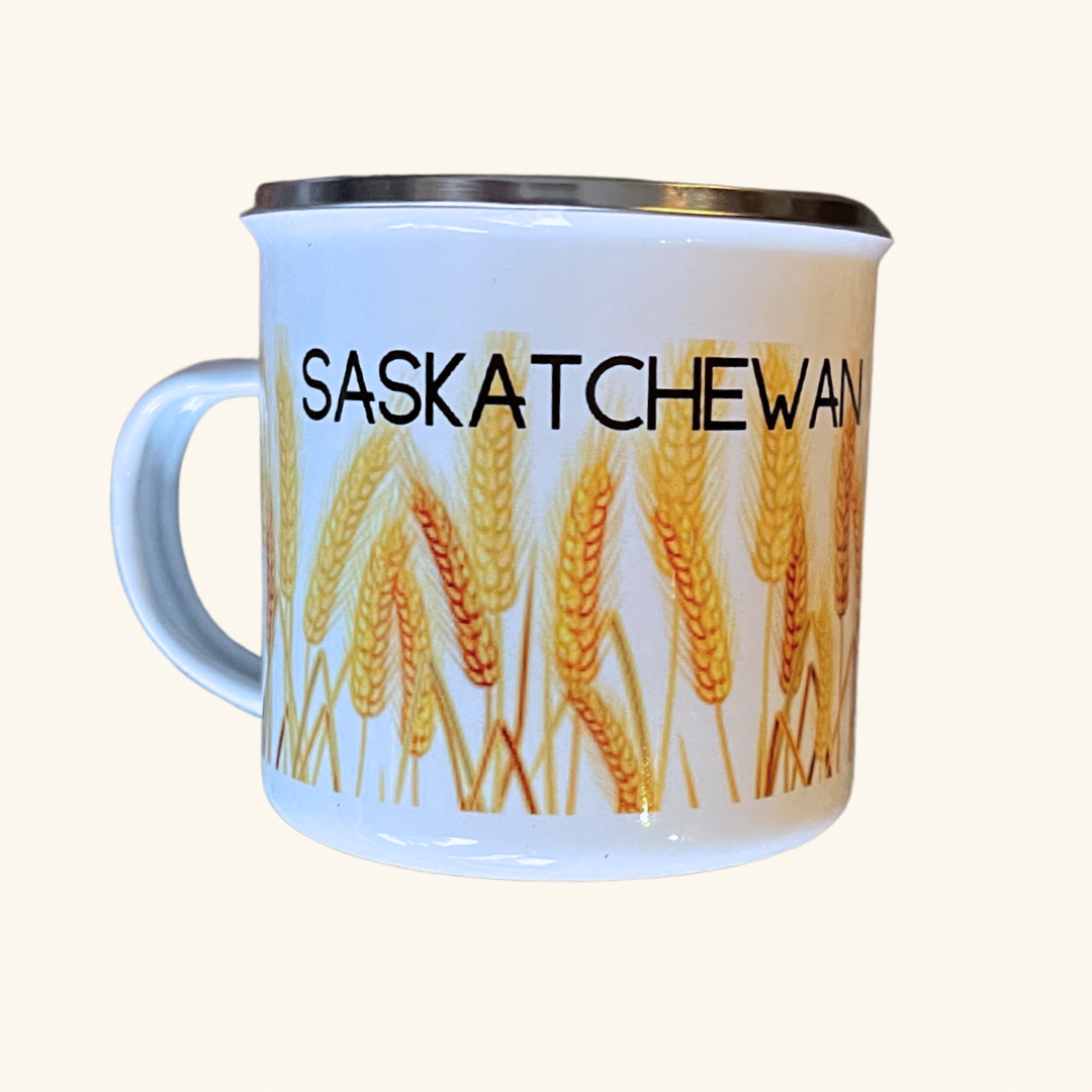 Saskatchewan Prairie Camp Mug featuring a classic wheat field design, celebrating the province’s agricultural roots.