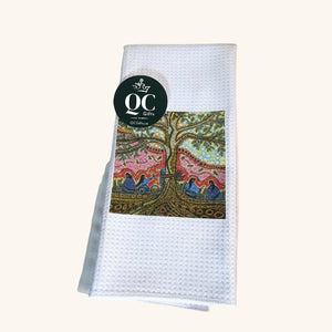 Microfiber waffle tea towel featuring Leah Dorion’s Singing to the Aspen artwork, blending art and functionality.