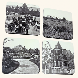 Moose Jaw-themed vintage Prairie coaster featuring iconic landmarks and railway heritage, celebrating the city’s rich history.