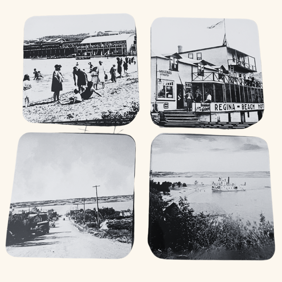 Regina Beach-themed vintage Prairie coaster featuring classic lakeside imagery, capturing the charm of Saskatchewan’s beloved beach town.