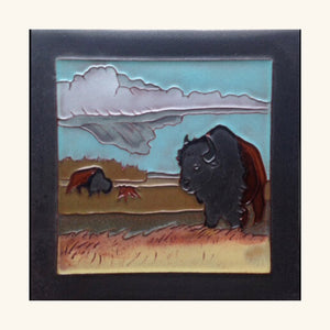 Handcrafted 6x6 ceramic tile from Voyager Art & Tile featuring a detailed buffalo design, inspired by Canada's prairie wildlife.