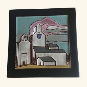 Handmade 6x6 ceramic tile from Voyager Art & Tile featuring a classic white grain elevator, a symbol of Canada’s prairie heritage.