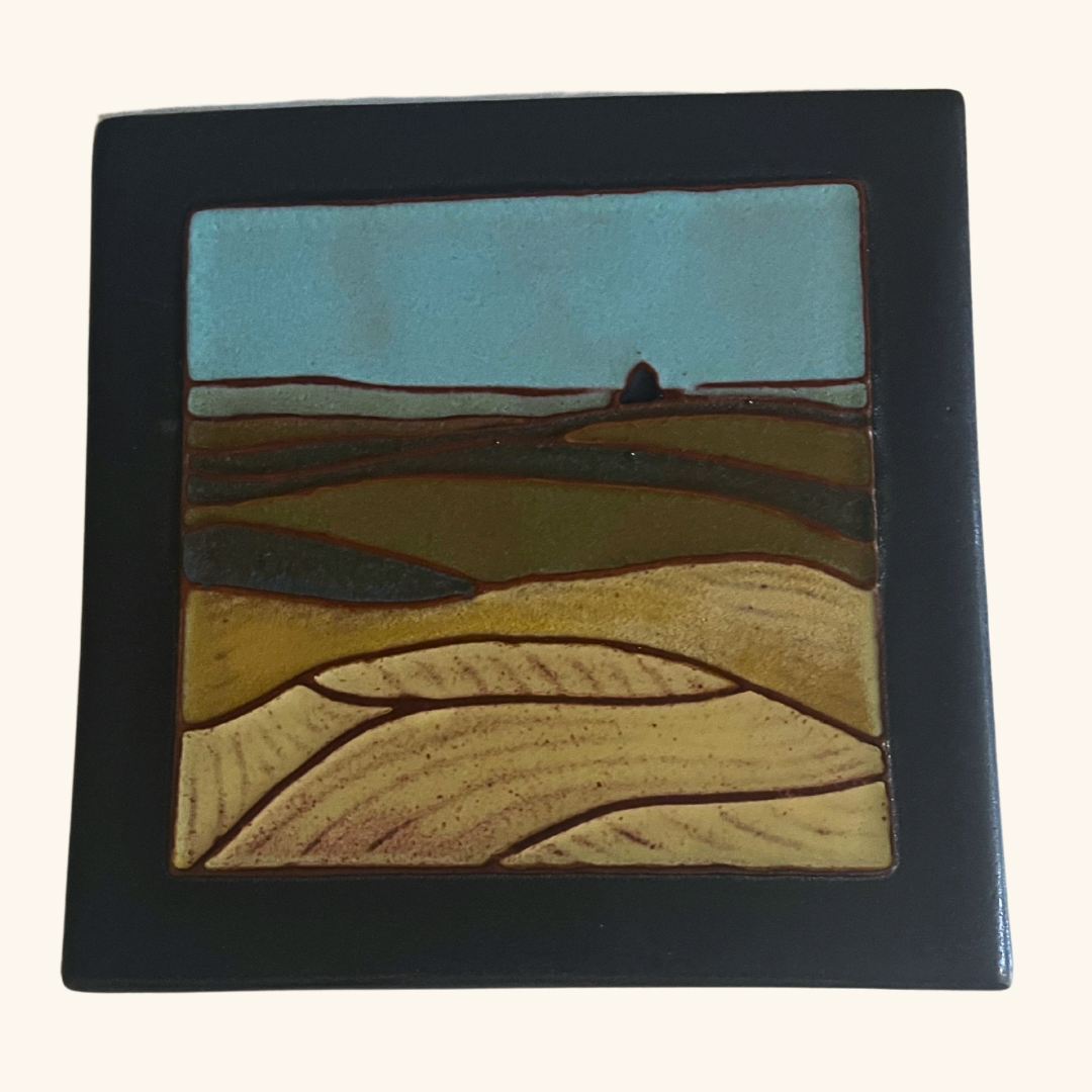 6x6 handcrafted ceramic tile by Voyager Art & Tile, showcasing a wide open prairie field under a vast Canadian sky