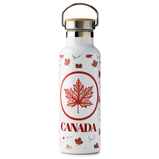 White water bottle with red maple leaf design and 'Canada' text on a white background