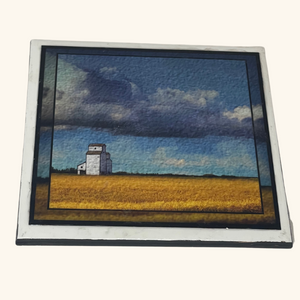 Handcrafted 6x6 tile depicting a vast Prairie field with a rustic Saskatchewan grain elevator in the distance