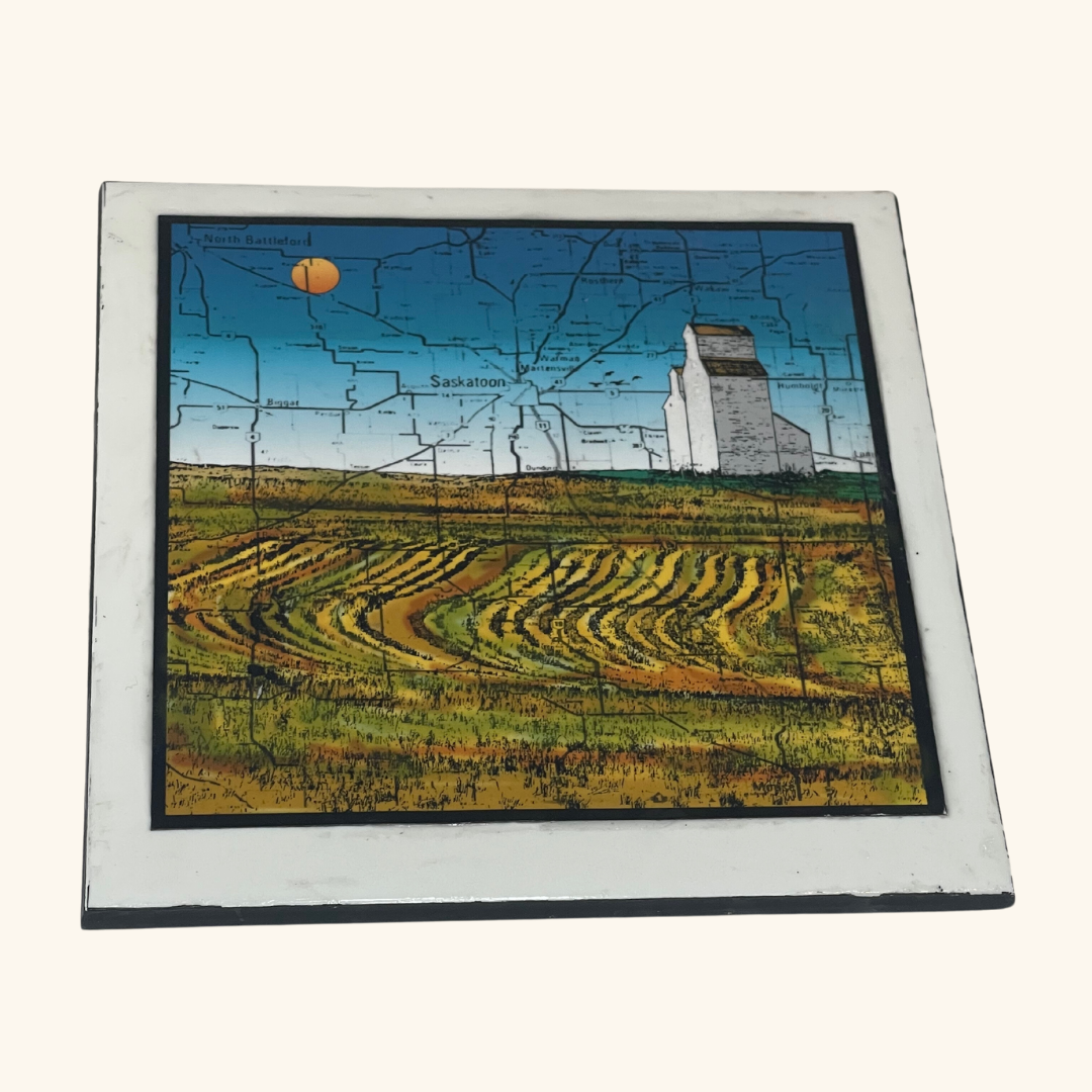 6x6 tile featuring a Saskatchewan grain elevator with a map overlay, blending cartographic and Prairie landscape elements