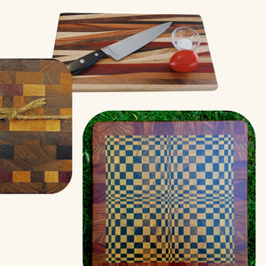 Set of handcrafted wooden products by Rod Nernberg, made from a blend of wood types, featuring a polished finish and unique grain patterns