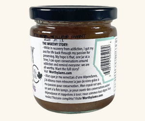 Back of a Worthy brand spread jar, showing the ingredient list and nutritional information for Earl Grey Lavender Peach or Gingersnap Apple.