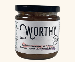 Worthy brand spreads – a 235mL jar of Earl Grey Lavender Peach and a 235mL jar of Gingersnap Apple, beautifully packaged and ready to enjoy.