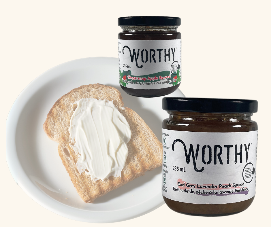 Worthy brand spreads – Earl Grey Lavender Peach and Gingersnap Apple – served on toast, showcasing their rich flavors and smooth texture.