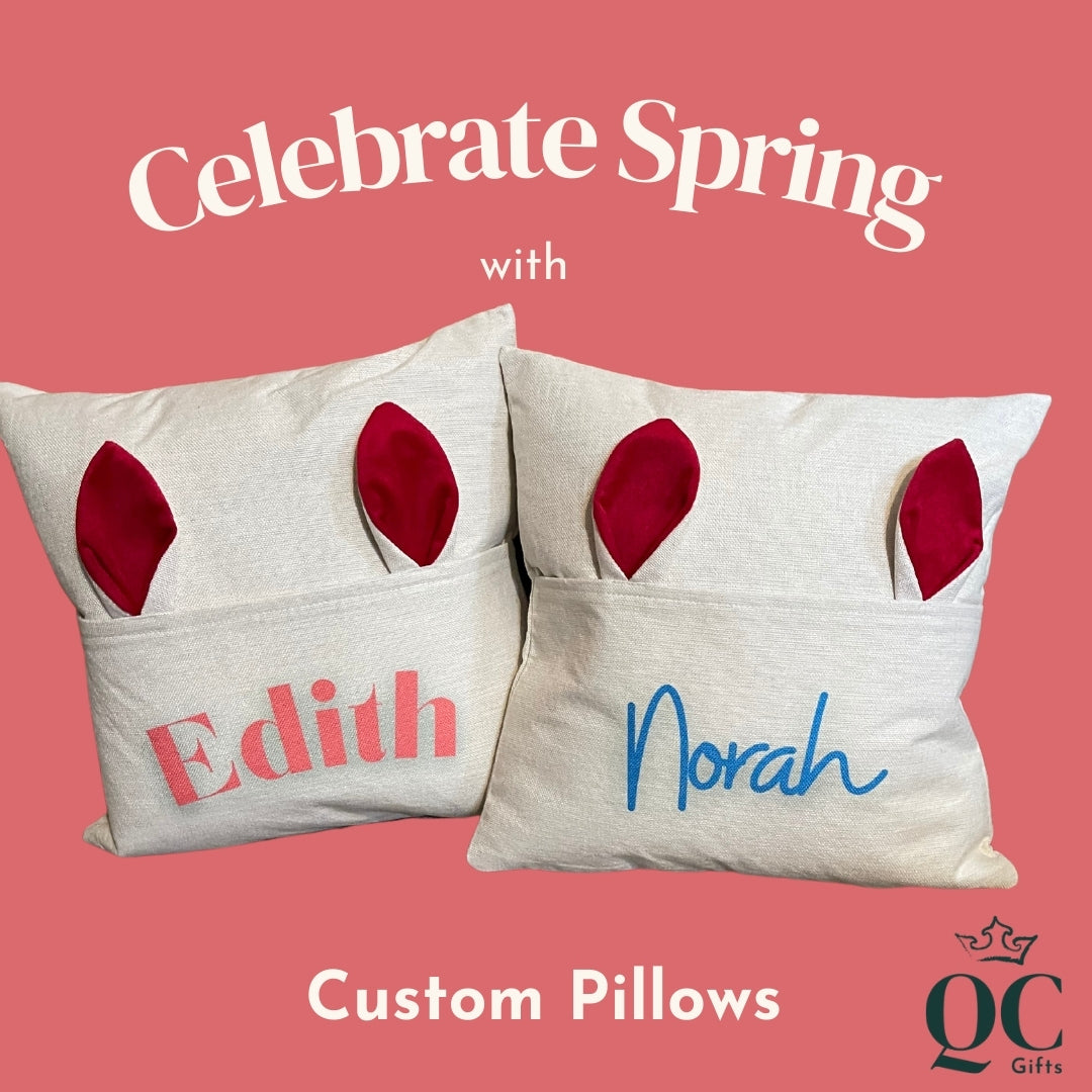 Custom Bunny Pillow with soft bunny ears and a personalized pocket, perfect for storing small bedtime treasures.