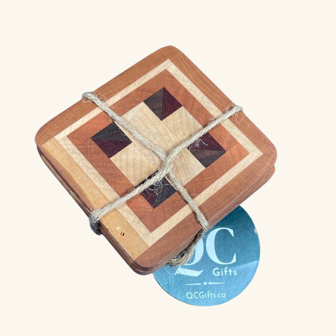 Set of handcrafted wooden coasters by Rod Nernberg, made from a blend of wood types, featuring a polished finish and unique grain patterns